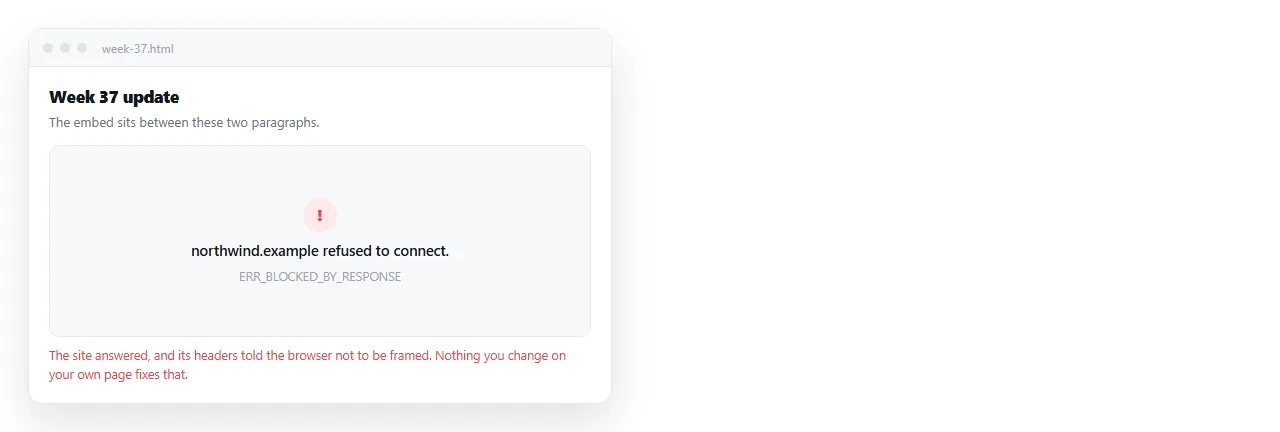 A frame area showing the refused to connect message instead of the site.