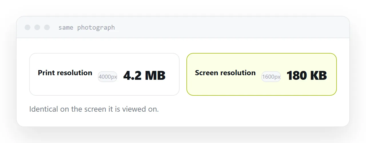 The same photograph served at print resolution and at screen resolution, with file sizes shown.