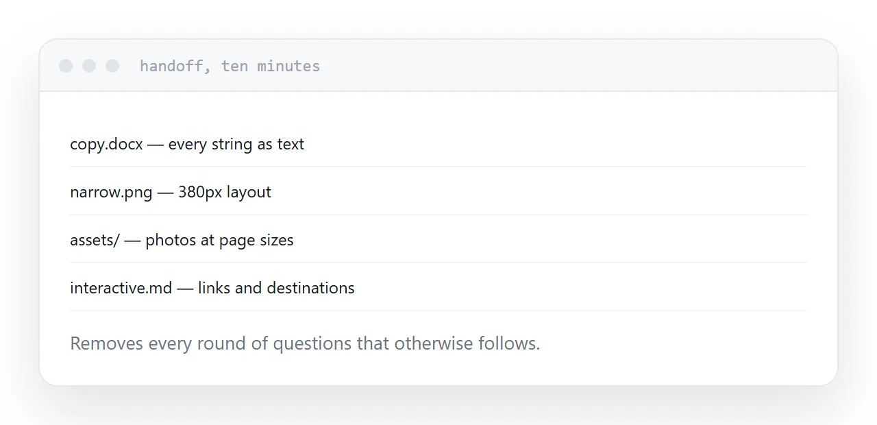 A design handoff listing text, assets, narrow layout and interactive elements.