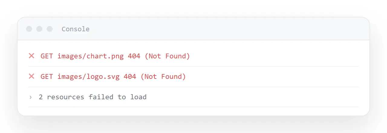 The console shows each missing image as a 404 with the path the page asked for.