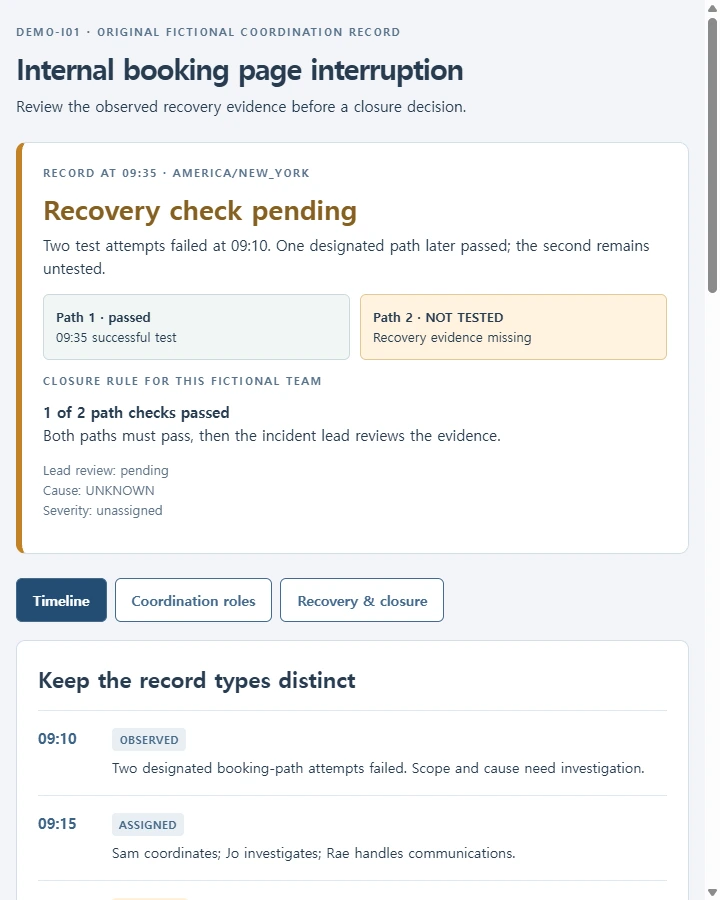 DEMO-I01 · service incident review — Coordinate a service interruption from initial report through assigned investigation, checked recovery and unresolved closure conditions,…