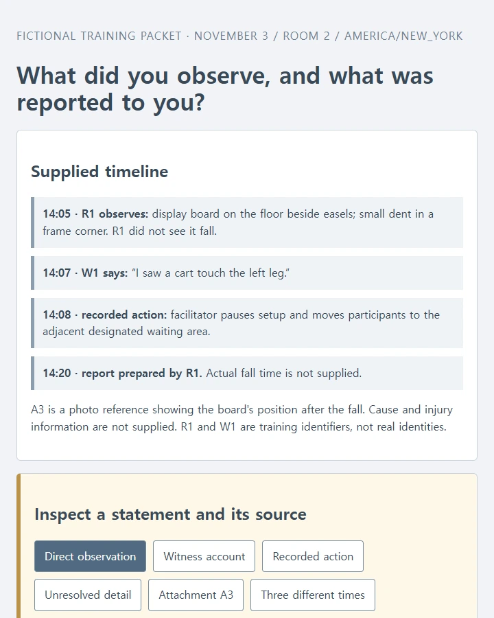 Separate direct observations, attributed accounts, actions, and unresolved details in a fictional report