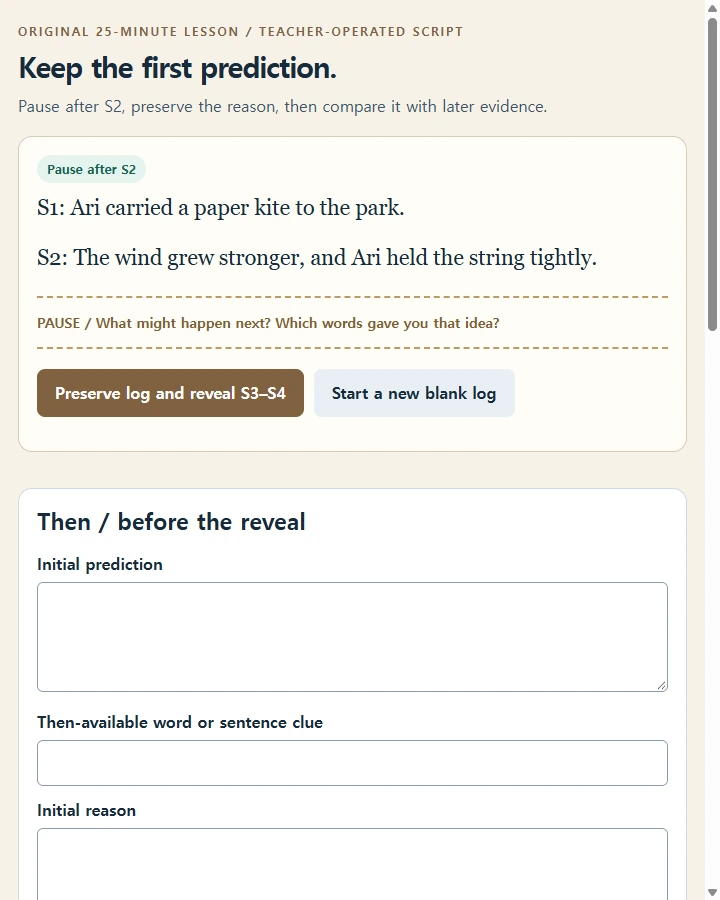 Read-aloud • pause, predict, revisit — Mark an exact pause, preserve a listener's prediction and its then-available reason, reveal the continuation and distinguish supported,…