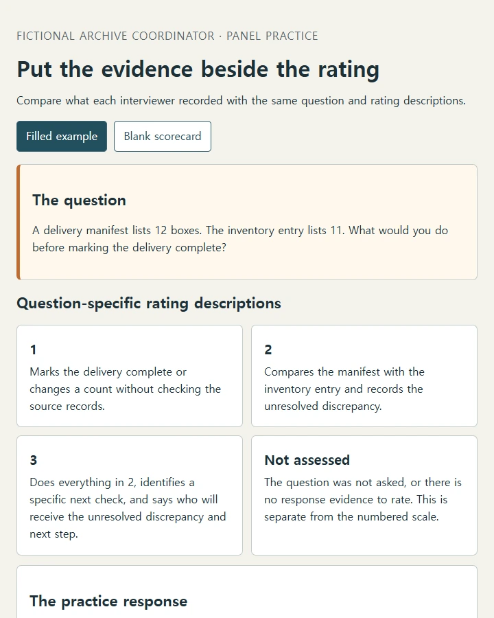 Compare two interviewers' notes with the same question and rating descriptions
