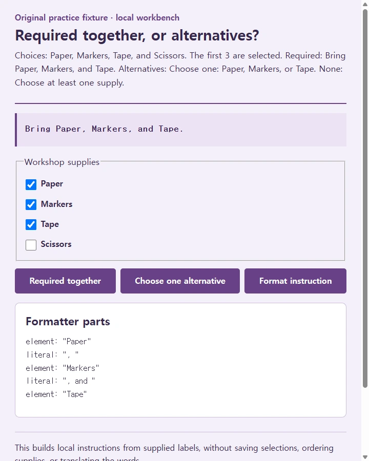 Intl.ListFormat: write a supply instruction from the selected items