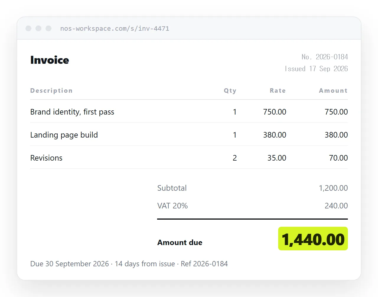 An invoice open in a browser. Line items in a table, the amount due large and clear underneath.