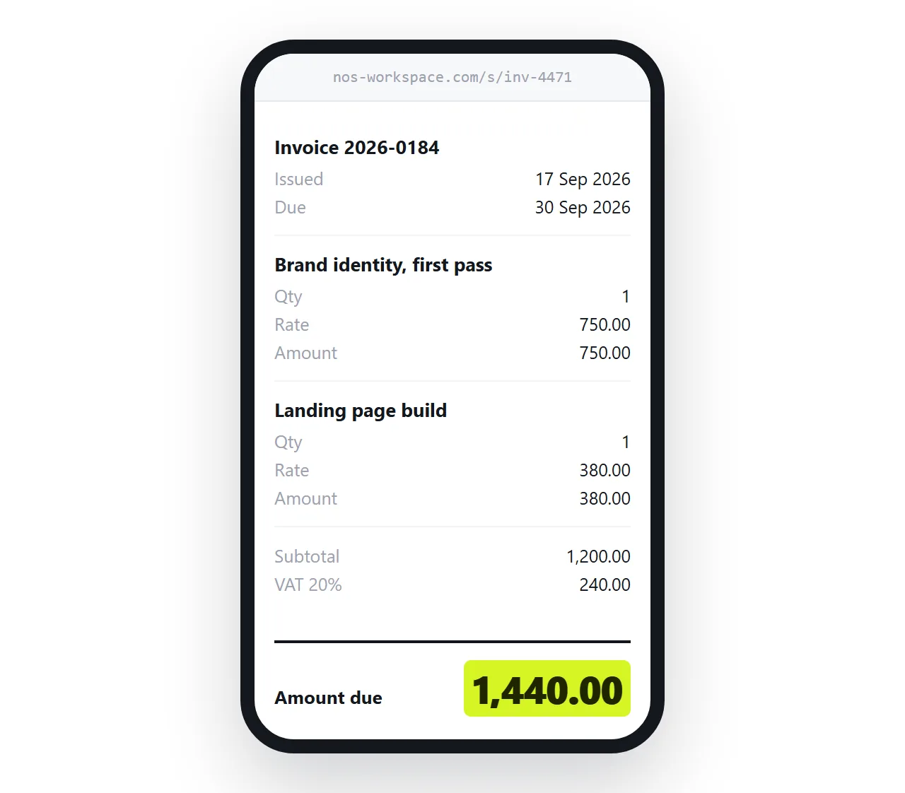 The same invoice on a phone. Line items stacked with labels rather than in columns.