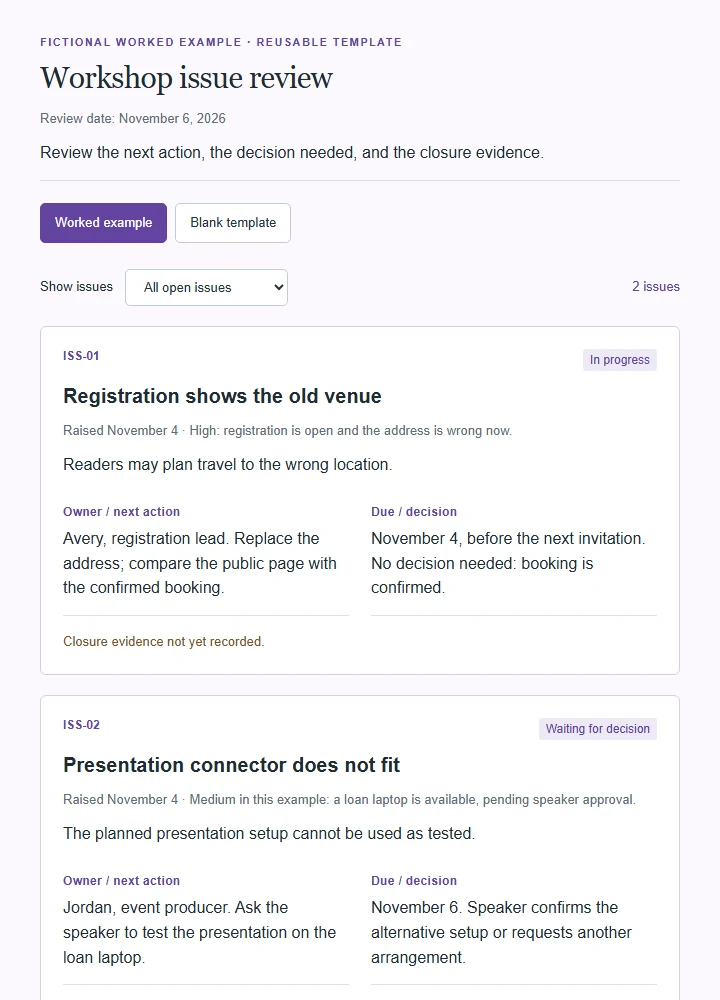 Workshop issue review: fictional worked example and reusable blank template.
