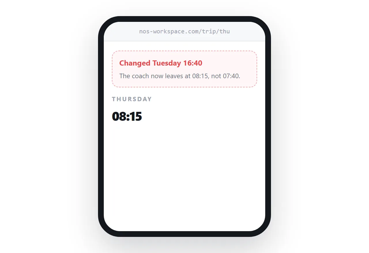 An itinerary with a dated change notice at the top of the day.