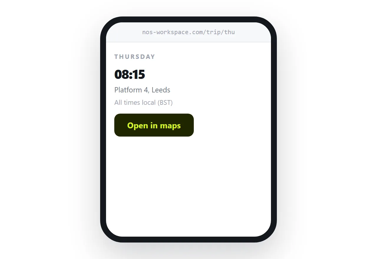 A day of an itinerary on a phone with the next departure time at the top.