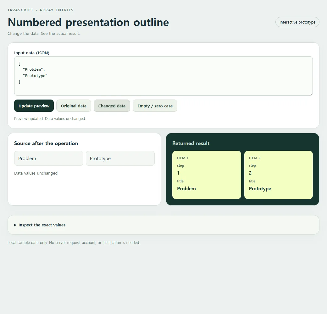 A second numbered presentation outline sample demonstrates how the result responds to changed input.