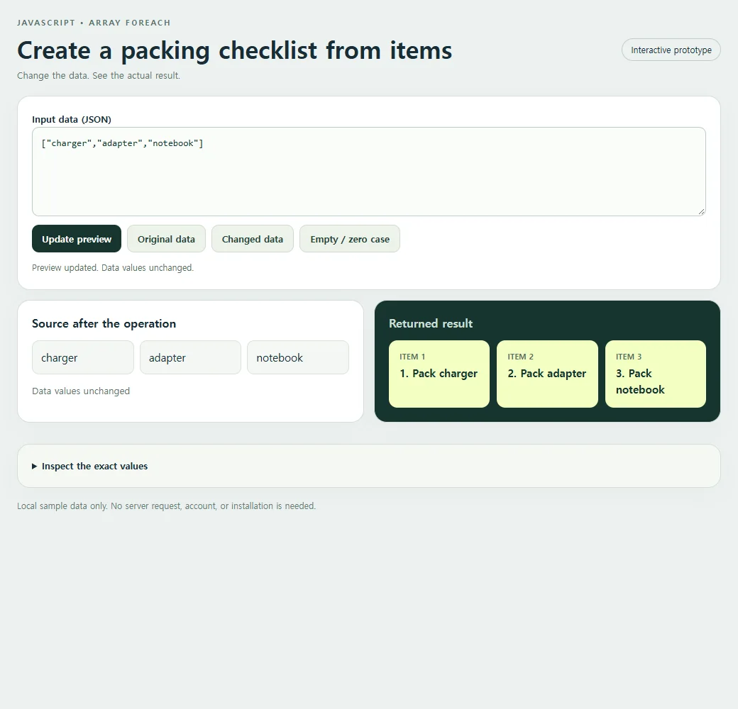 Create a packing checklist from items: source values beside the original result.