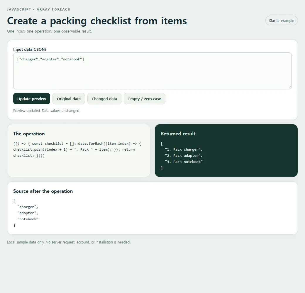 Create a packing checklist from items: inspect the smaller example and compare its source with its result.
