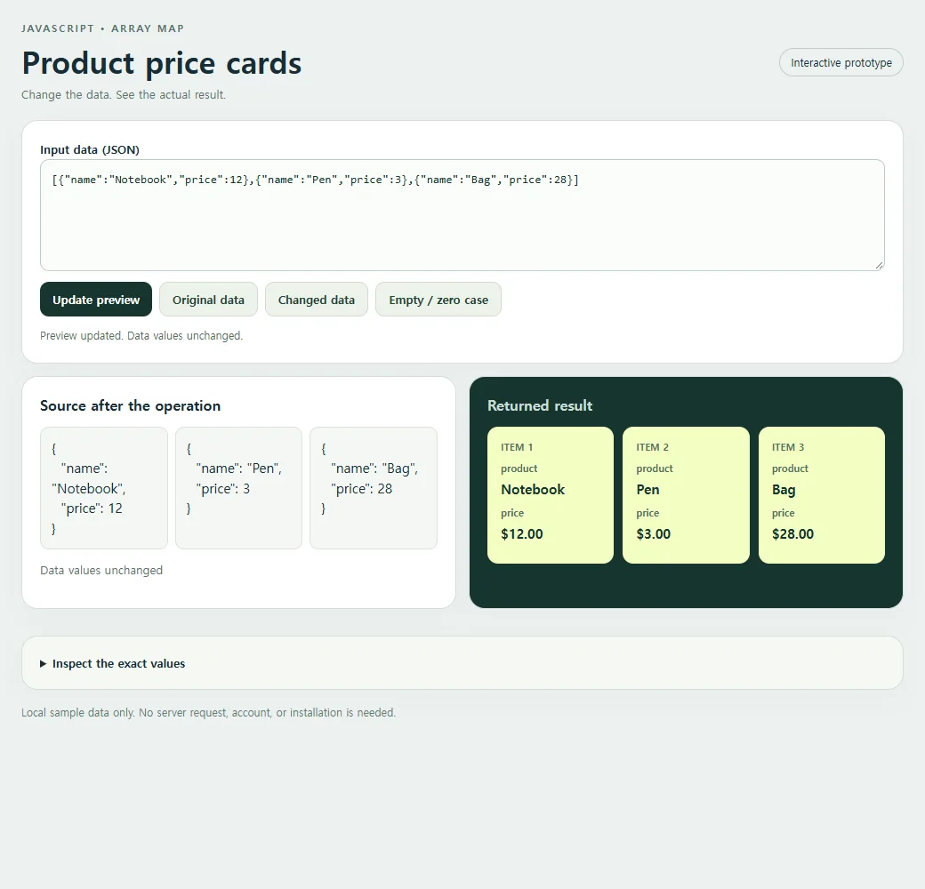 Product price cards: the original sample and its calculated result.