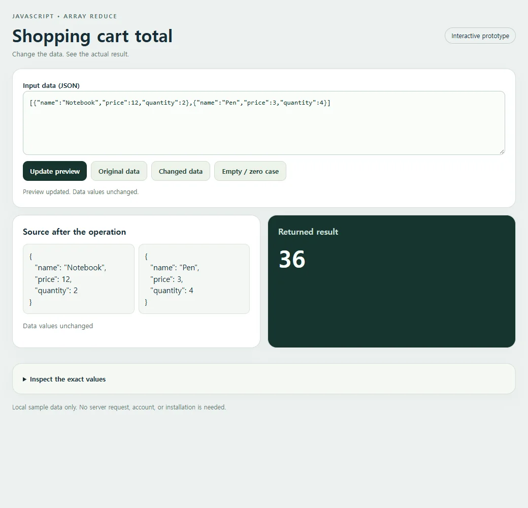 Shopping cart total: the original sample and its calculated result.