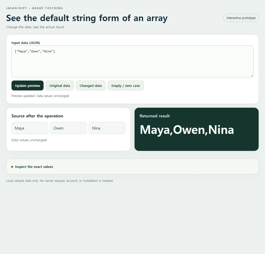 See the default string form of an array: source values beside the original result.