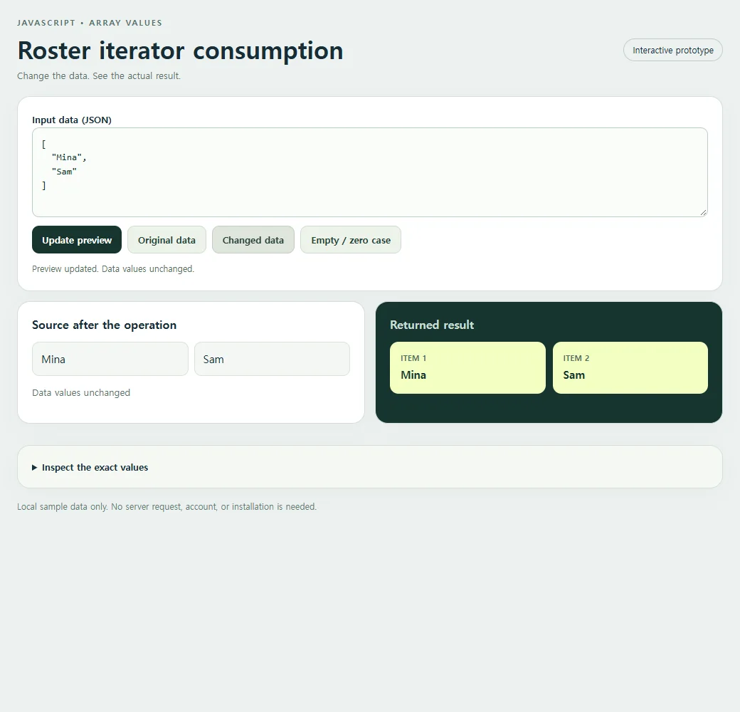 A second roster iterator consumption sample demonstrates how the result responds to changed input.