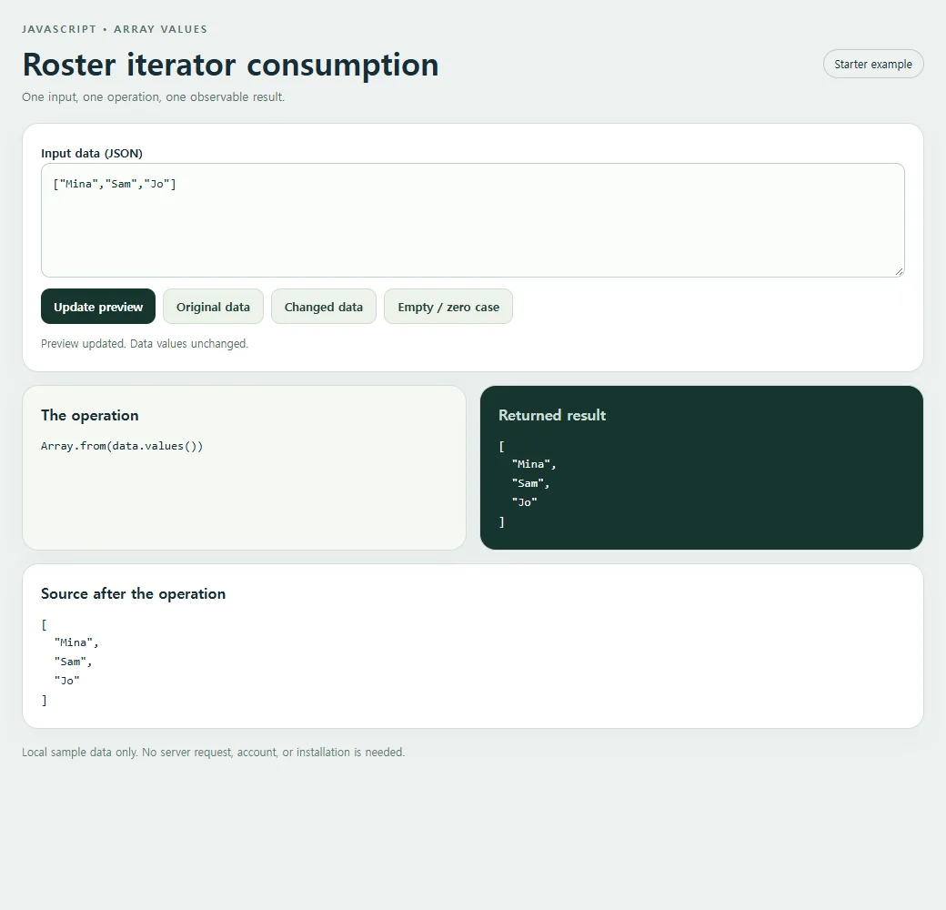 The starter shows the Array.values operation beside its returned value and source.