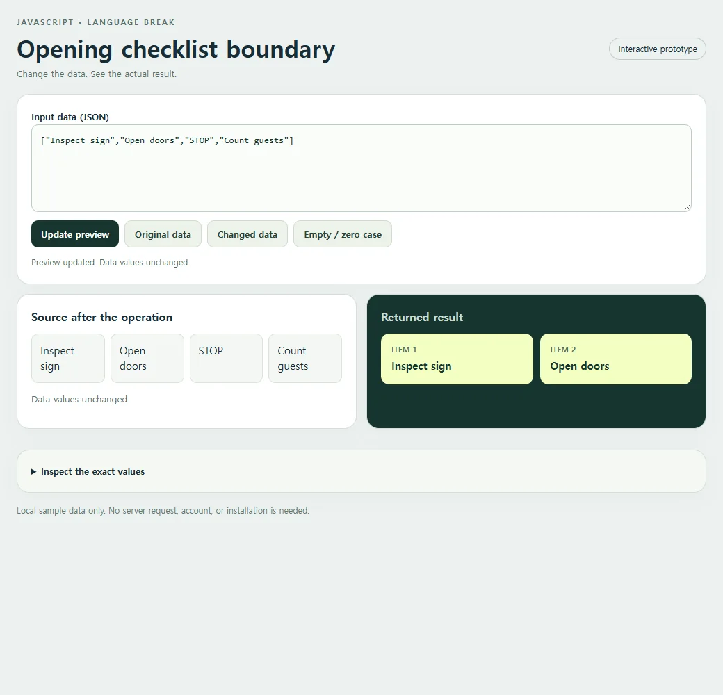 The opening checklist boundary with its original input and returned result.