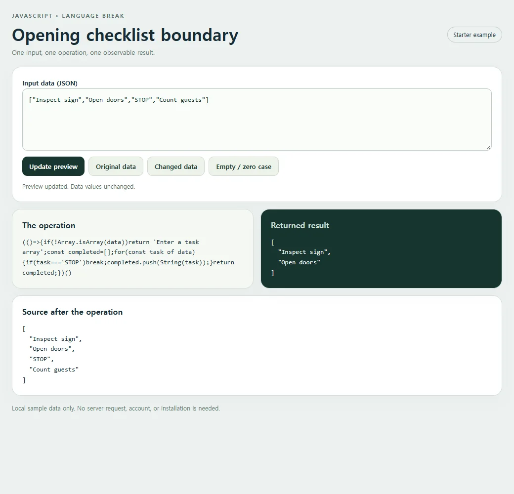Inspect the exact source and result for the opening checklist boundary.