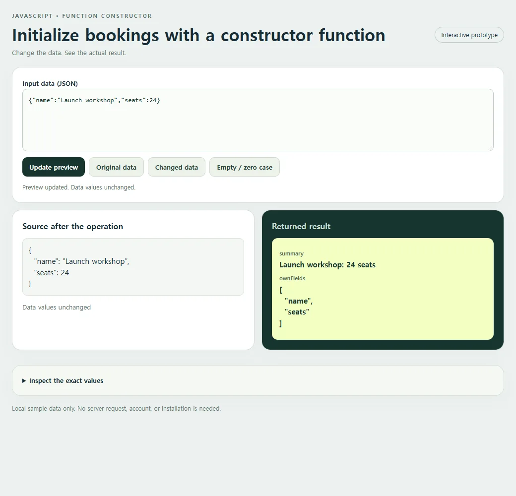Initialize bookings with a constructor function: original input and calculated result