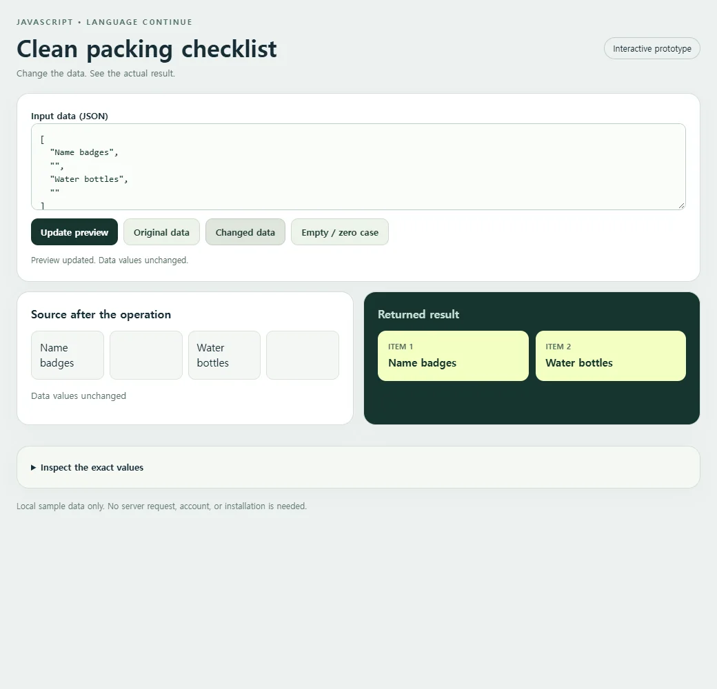 Changing the sample reveals the behavior of the clean packing checklist.