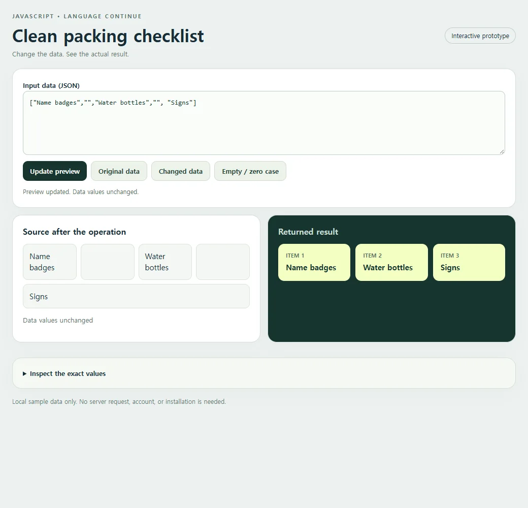 The clean packing checklist with its original input and returned result.