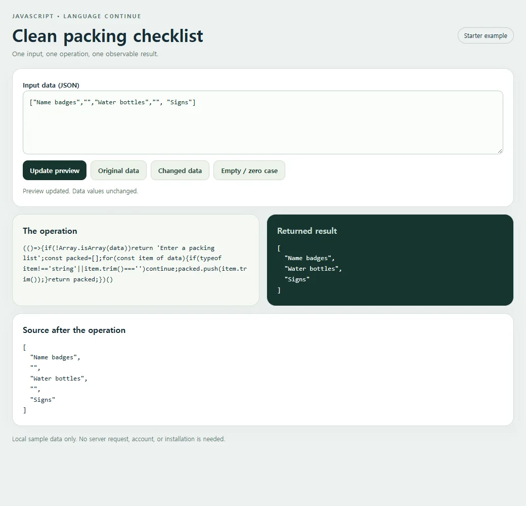 Inspect the exact source and result for the clean packing checklist.