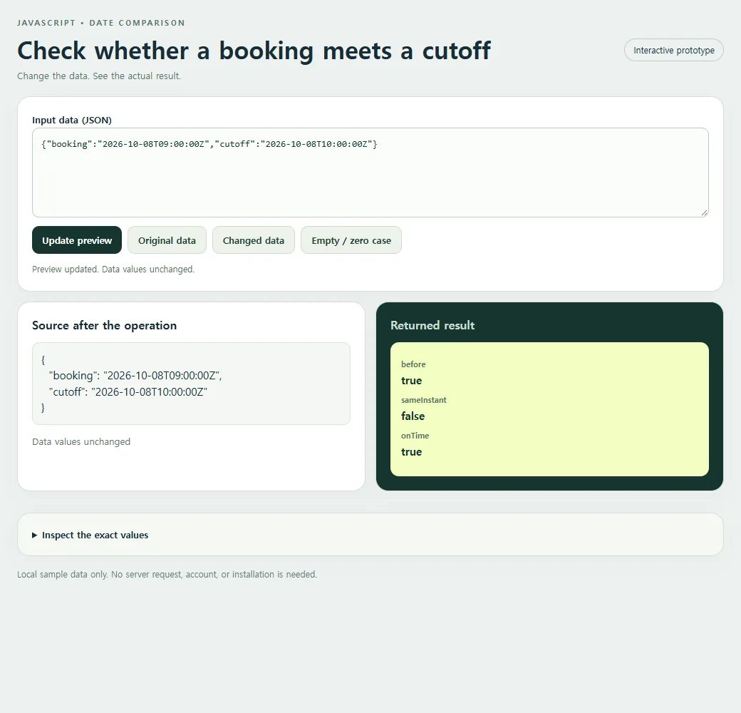 Check whether a booking meets a cutoff: original input and calculated result