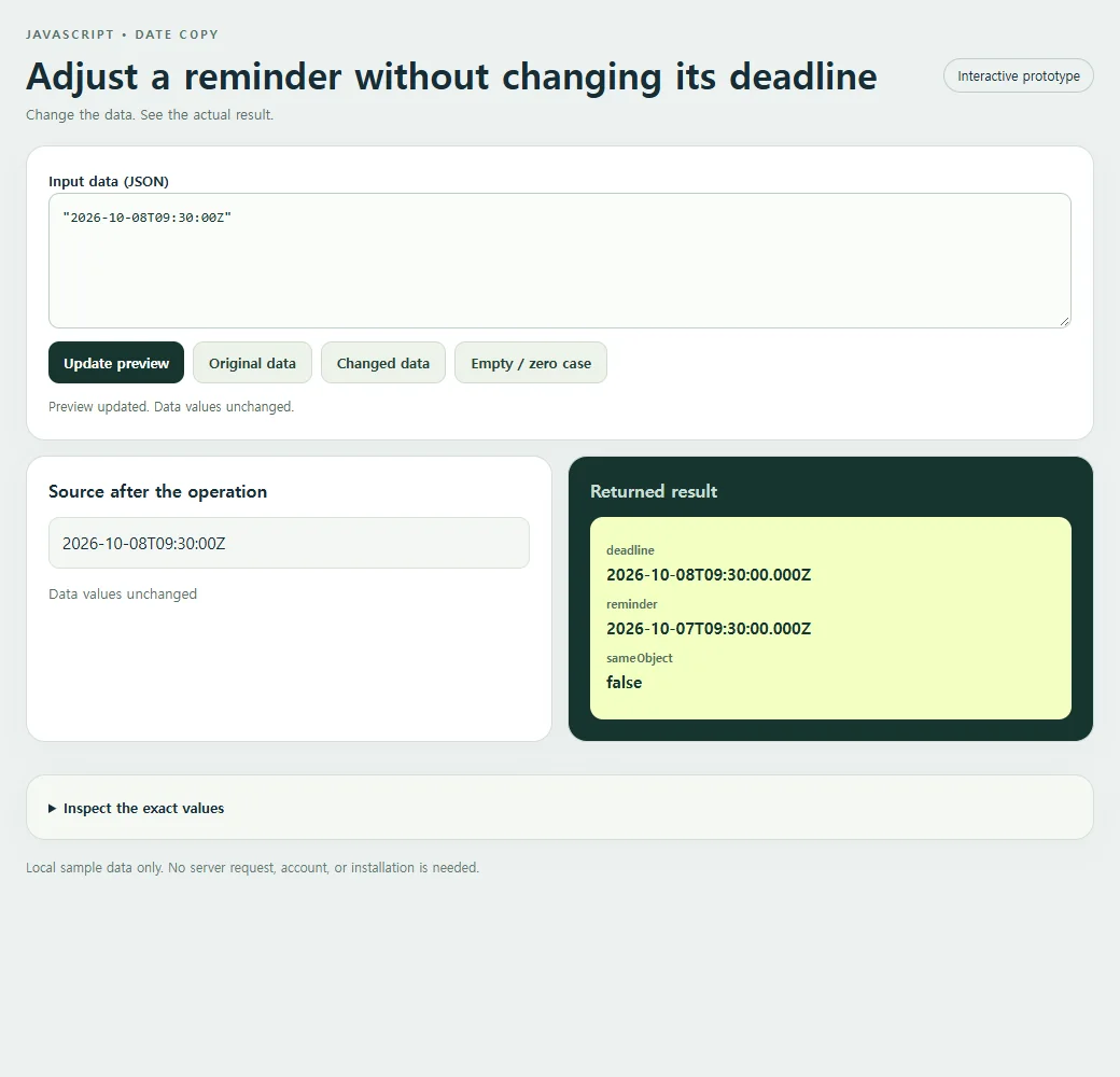 Adjust a reminder without changing its deadline: original input and calculated result