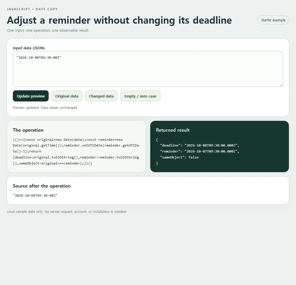 The copying a Date example exposes its result for inspection