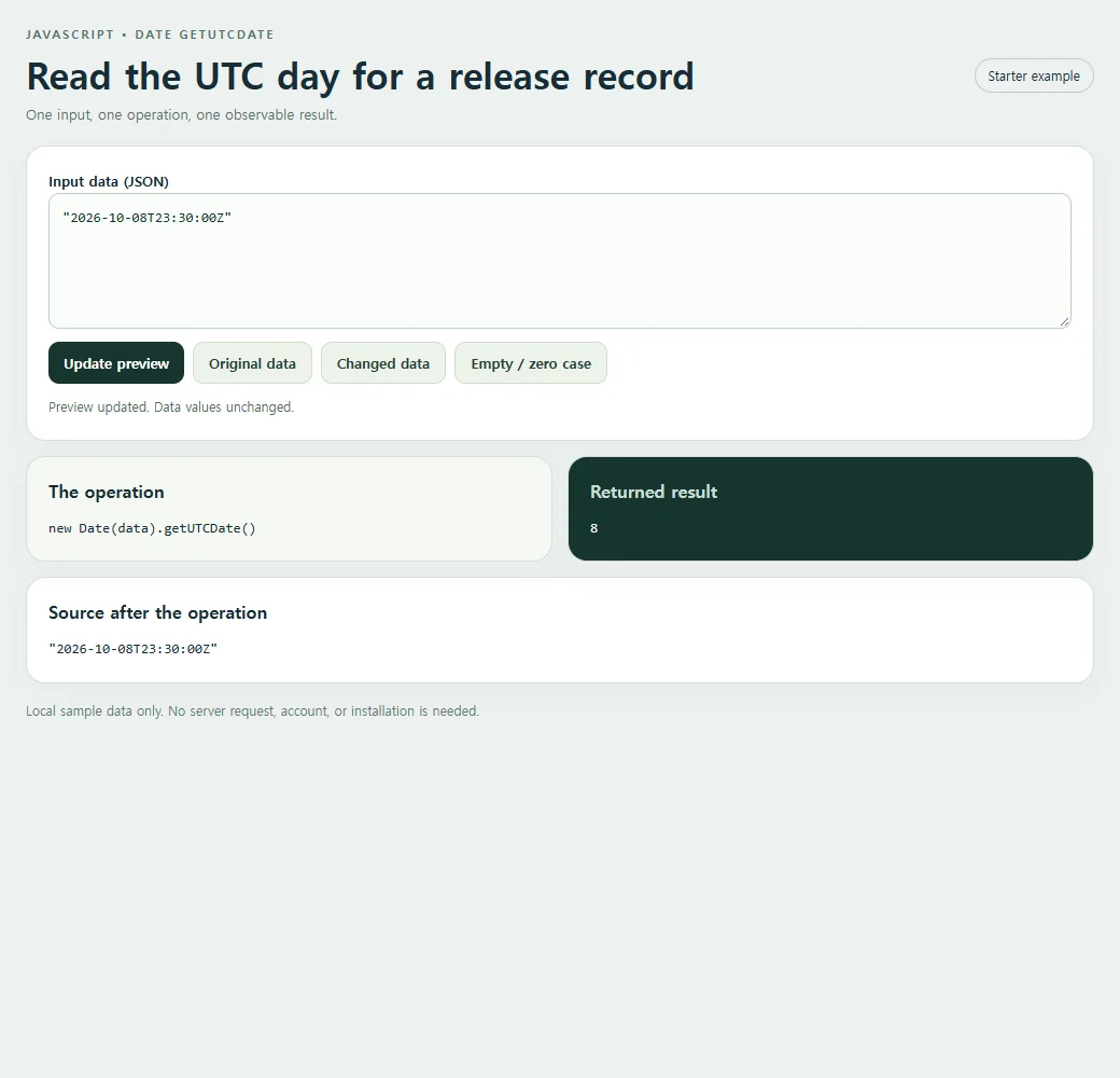 The Date.getUTCDate example exposes its result for inspection