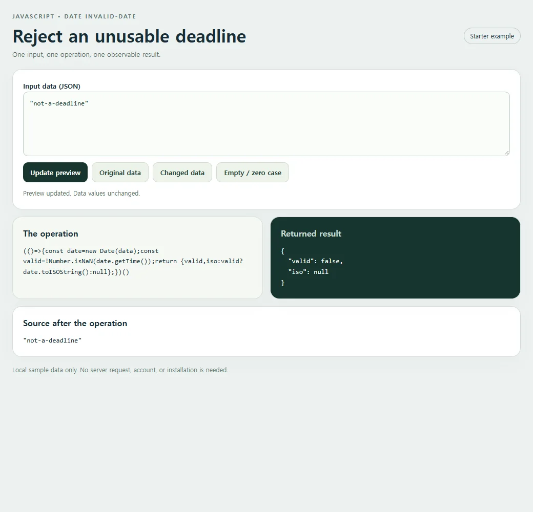 The invalid Date example exposes its result for inspection