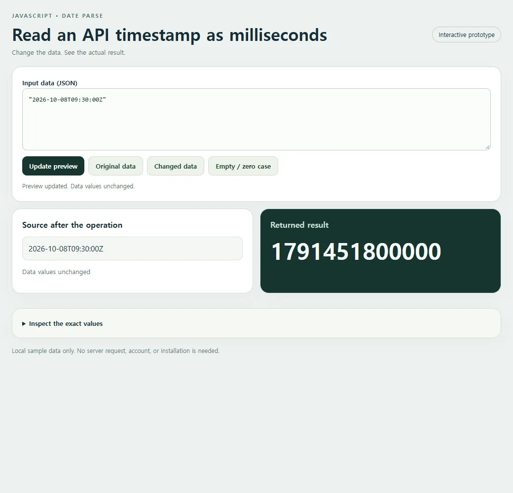 Read an API timestamp as milliseconds: original input and calculated result