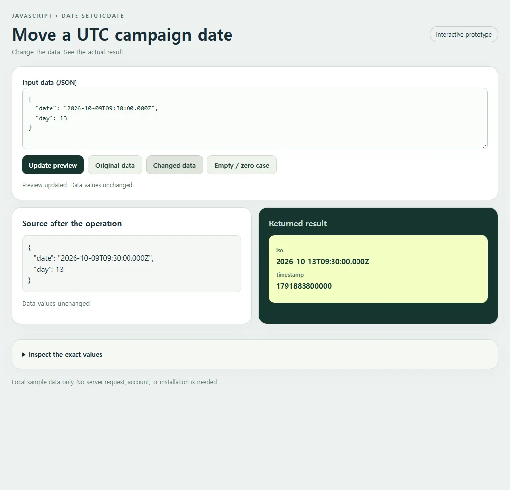 A second input lets you compare the Date.setUTCDate calculation