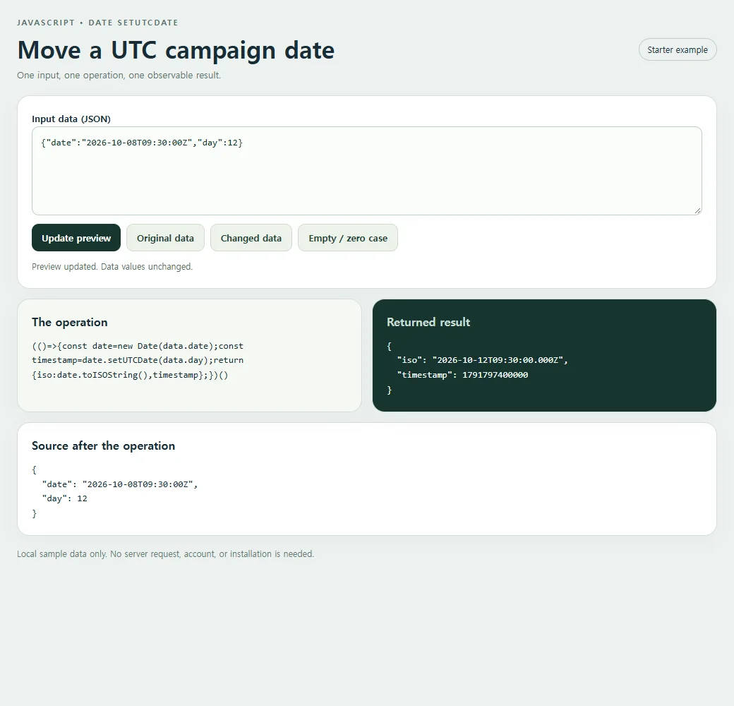 The Date.setUTCDate example exposes its result for inspection
