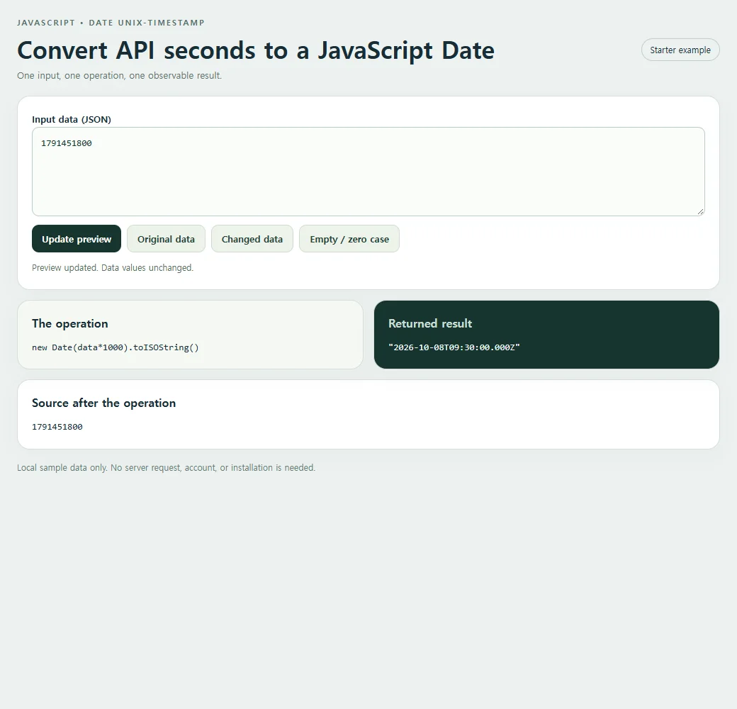 The Unix timestamp conversion example exposes its result for inspection