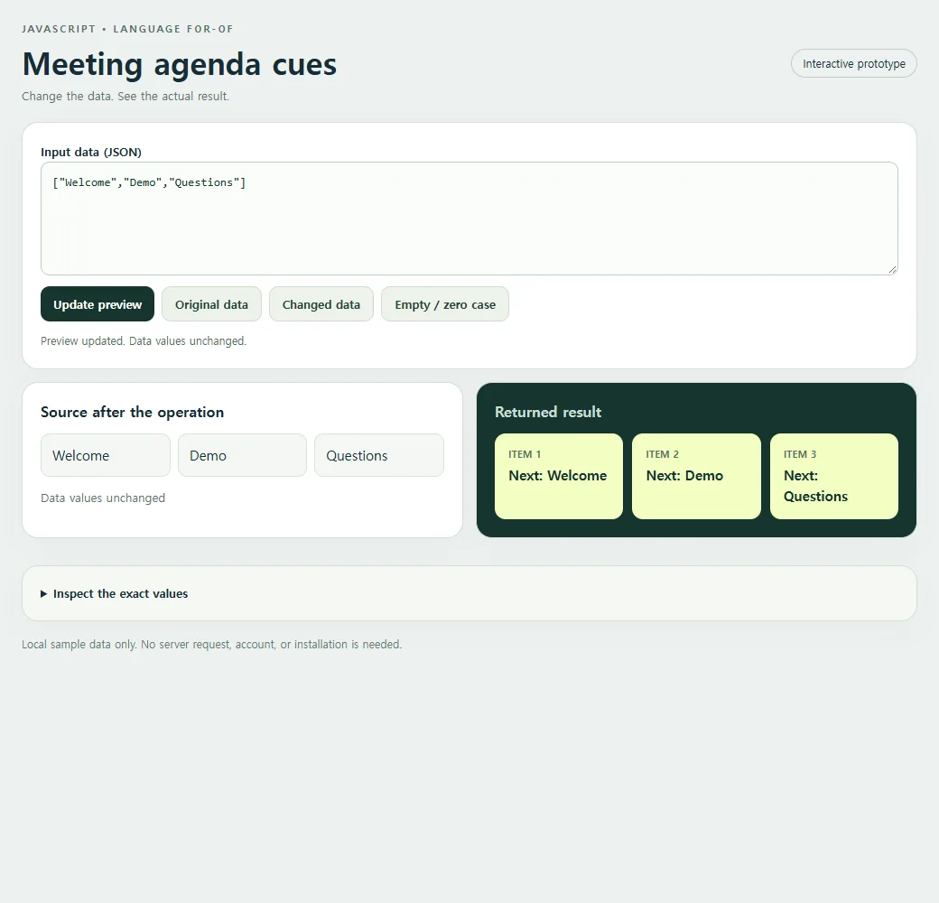 The meeting agenda cues with its original input and returned result.
