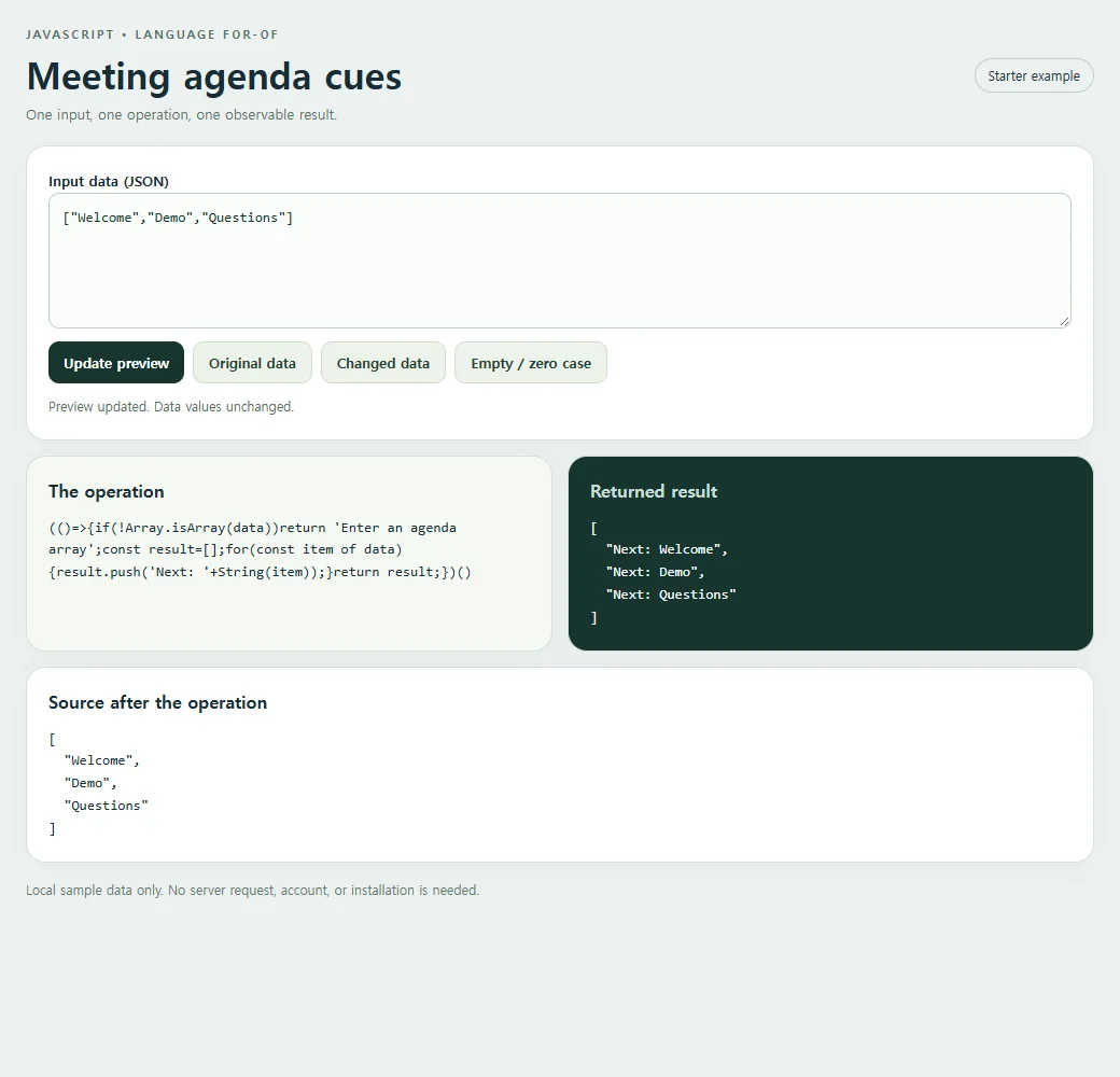 Inspect the exact source and result for the meeting agenda cues.