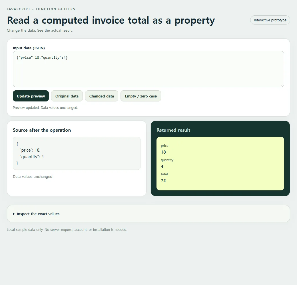 Read a computed invoice total as a property: original input and calculated result
