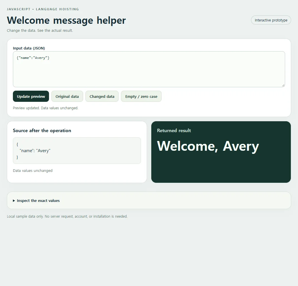The welcome message helper with its original input and returned result.