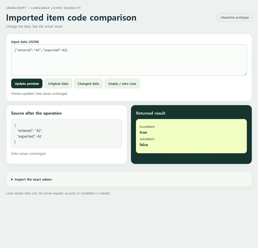The imported item code comparison with its original input and returned result.