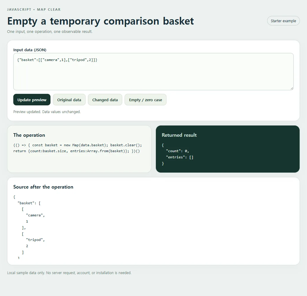 Empty a temporary comparison basket: inspect the smaller example and compare its source with its result.