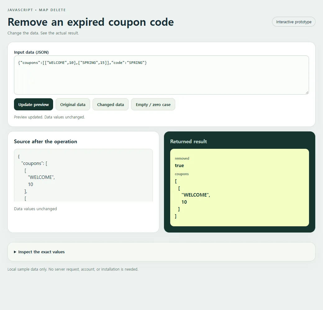 Remove an expired coupon code: source values beside the original result.