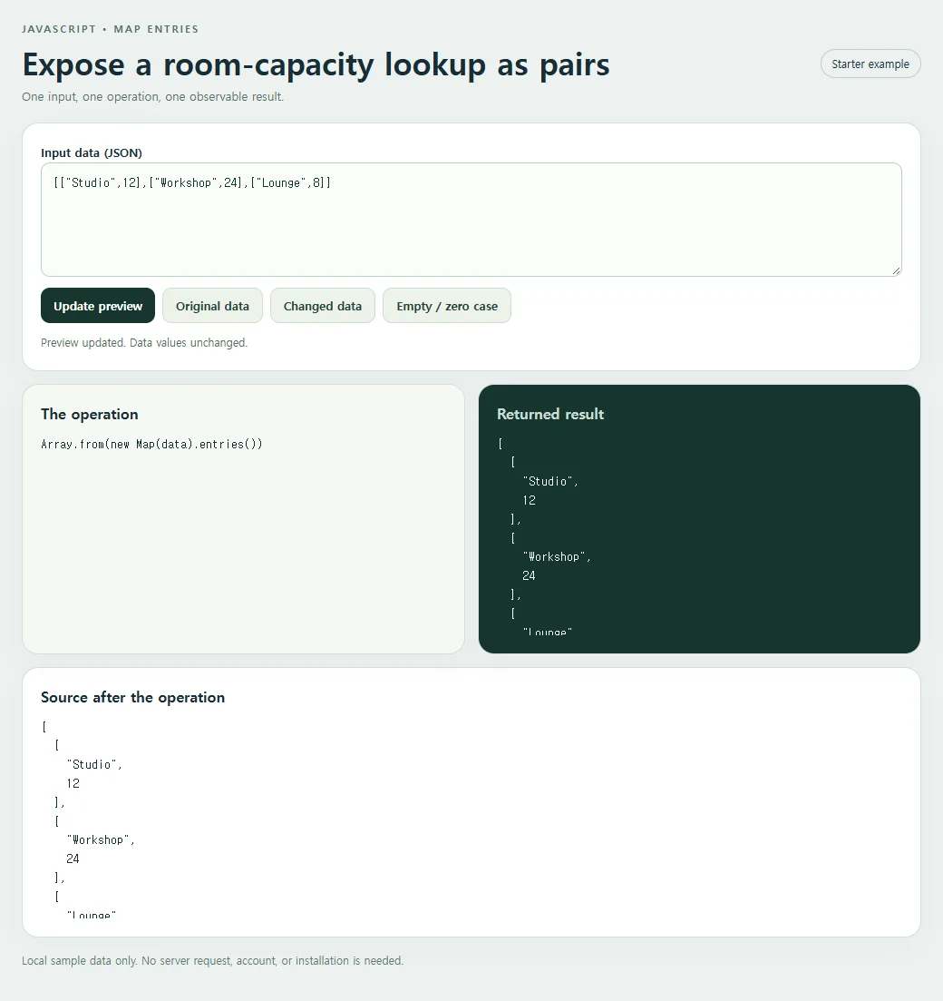 Expose a room-capacity lookup as pairs: inspect the smaller example and compare its source with its result.