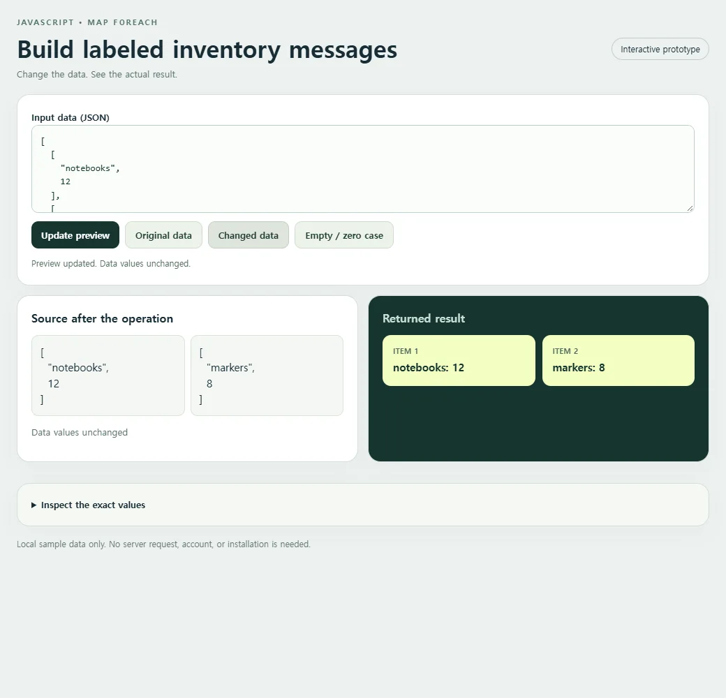 Build labeled inventory messages: the changed preset supplies a second input to compare with the original.