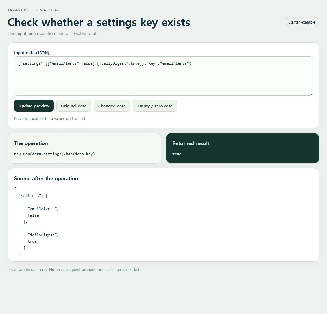 Check whether a settings key exists: inspect the smaller example and compare its source with its result.