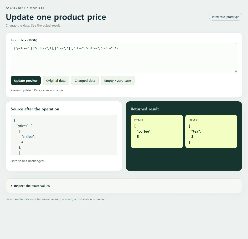 Update one product price: source values beside the original result.
