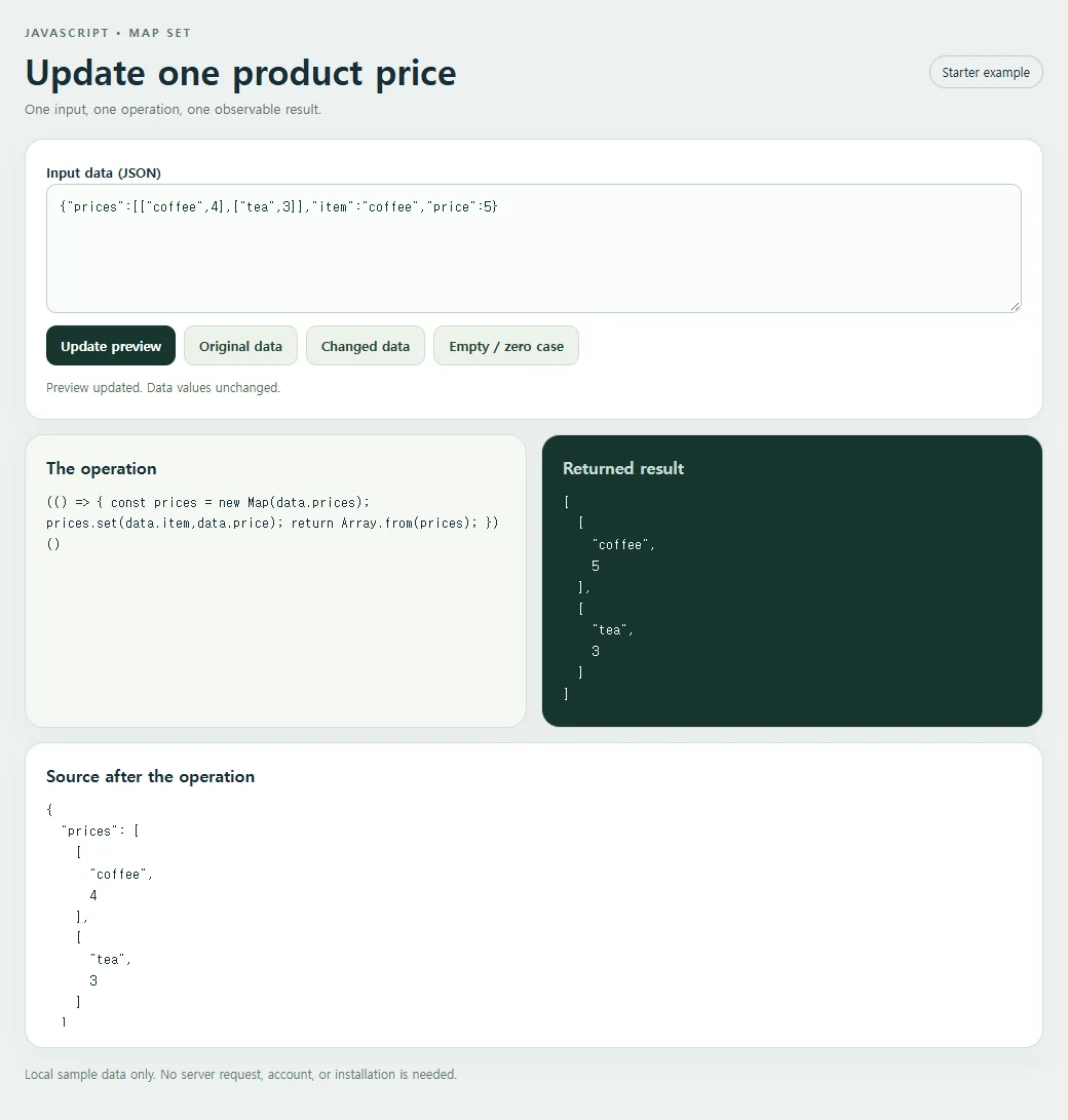 Update one product price: inspect the smaller example and compare its source with its result.