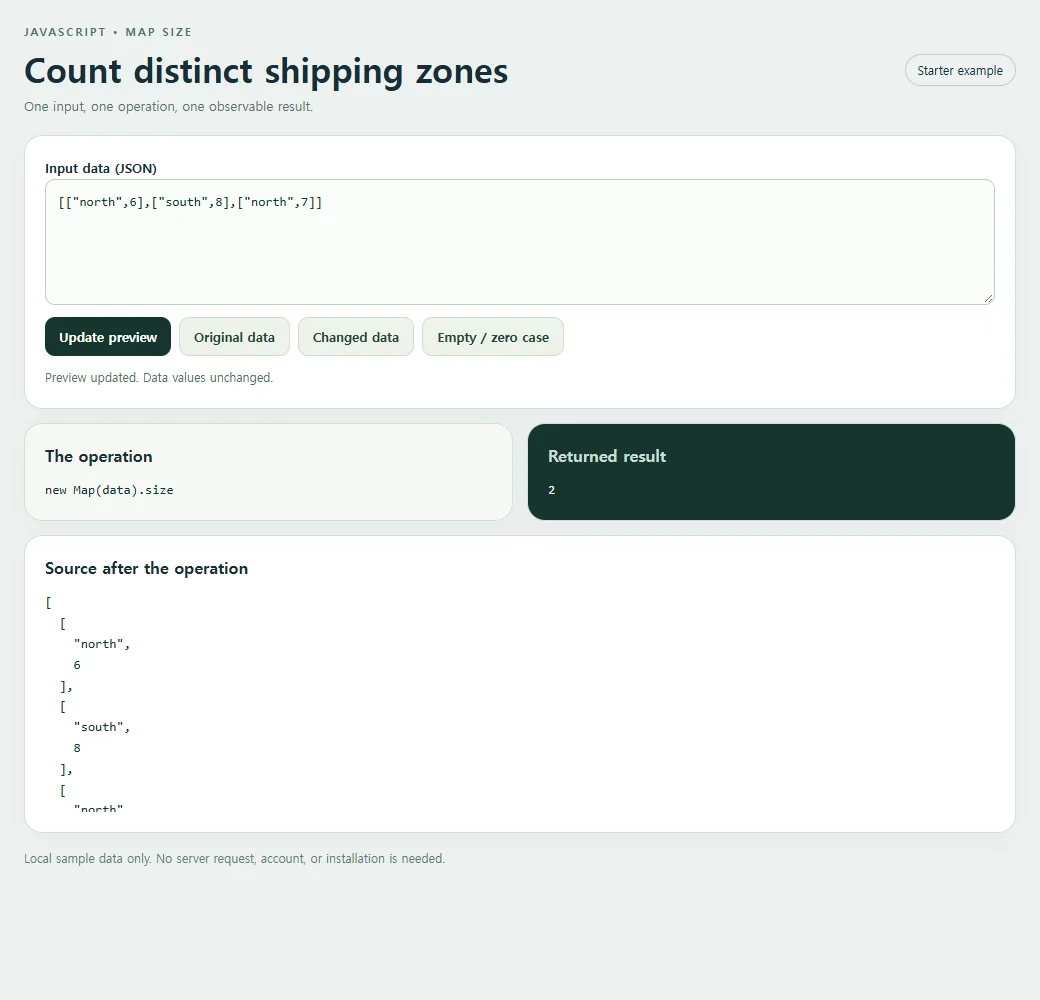 Count distinct shipping zones: inspect the smaller example and compare its source with its result.